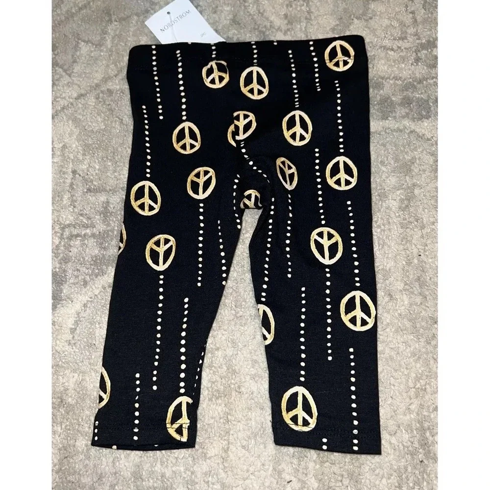 NEW‎ Nordstrom Cristina Martinez Baby Peace Signs Black Gold Pants Sz 6 Month 6M